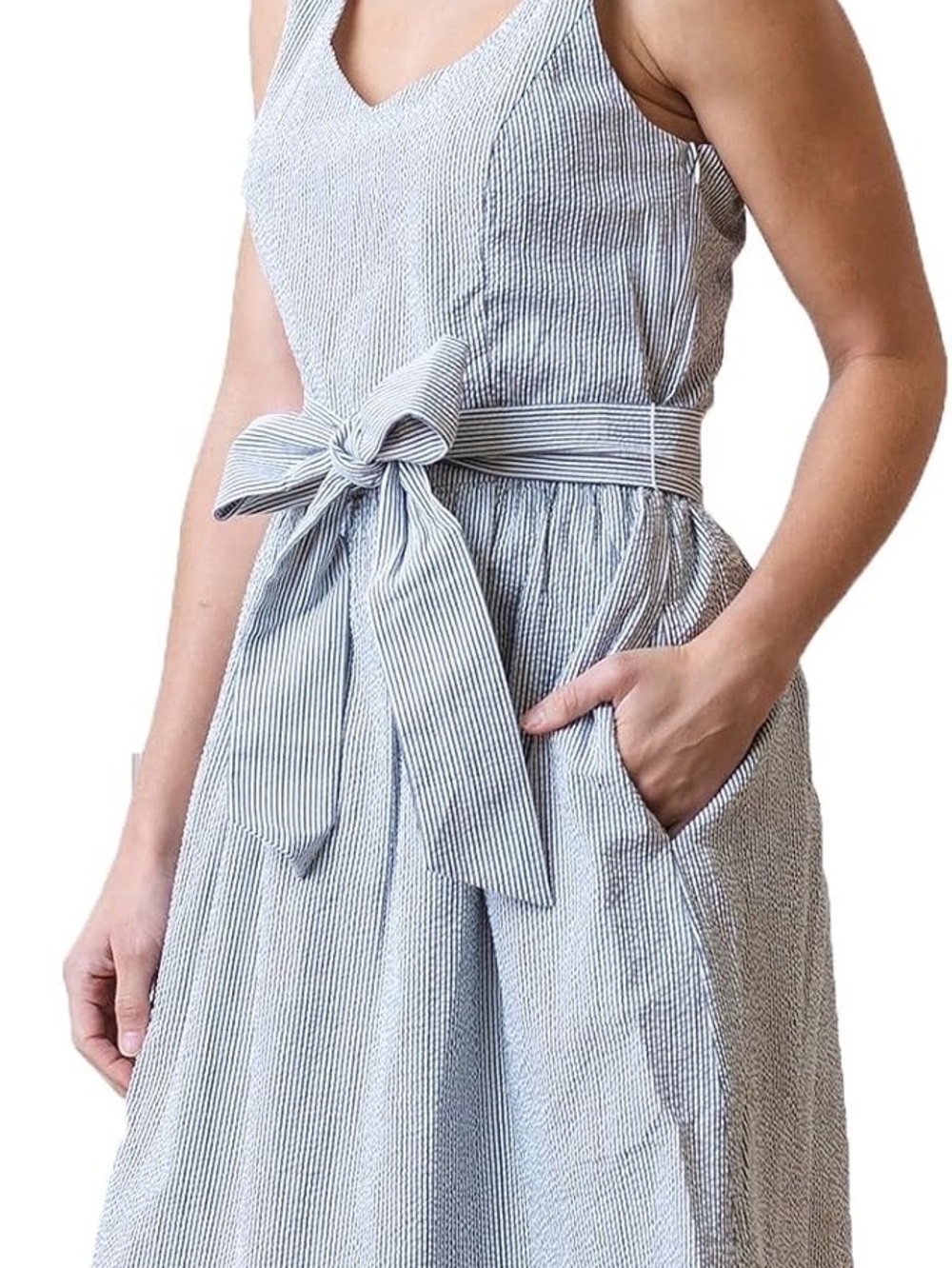 Hope & Henry Sleeveless A-Line Dress with Waist Sash, Navy and White Seersucker
